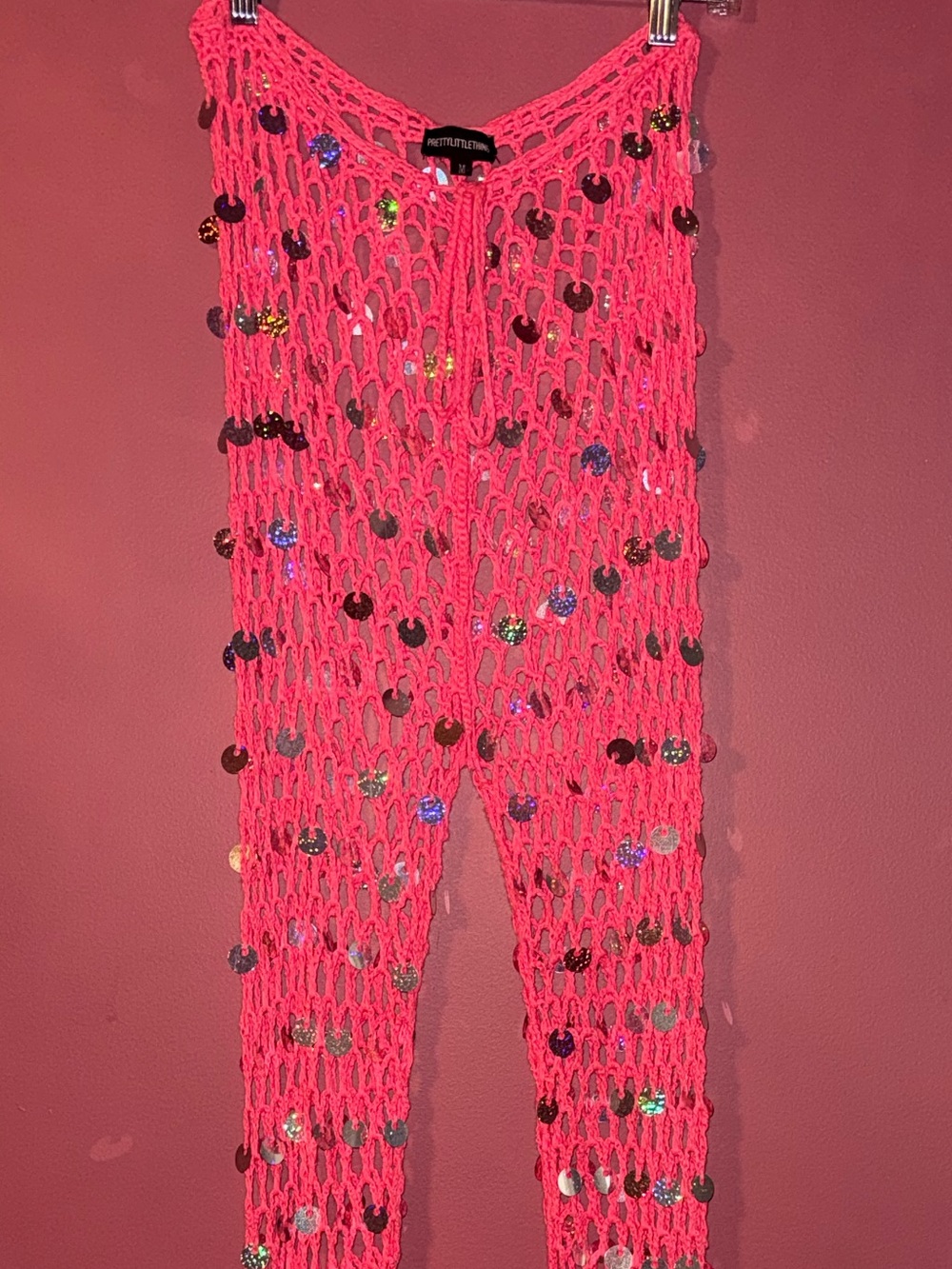 Pretty Little Thing Hot Pink Sequin Crochet beach cover-up up pants